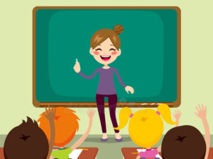 children-teacher-classroom-beautiful-happy-young-woman-standing-teaching-front-raising-hands-up-sitting-43140476